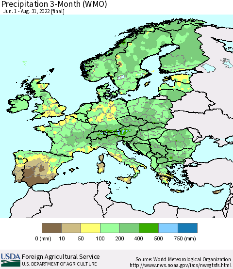 Europe Precipitation 3-Month (WMO) Thematic Map For 6/1/2022 - 8/31/2022