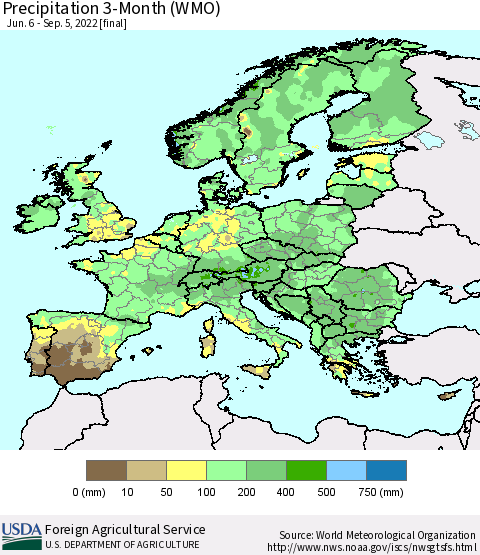 Europe Precipitation 3-Month (WMO) Thematic Map For 6/6/2022 - 9/5/2022