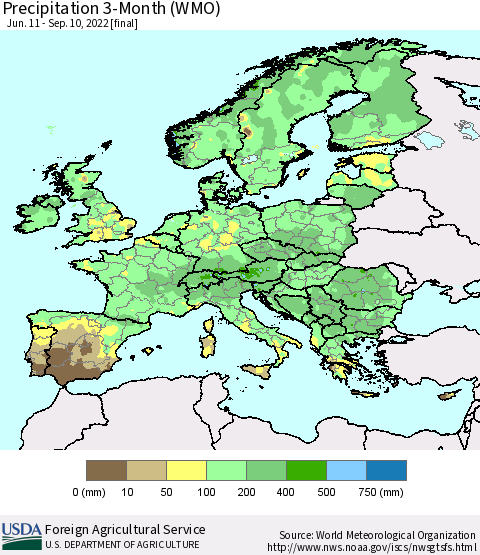 Europe Precipitation 3-Month (WMO) Thematic Map For 6/11/2022 - 9/10/2022