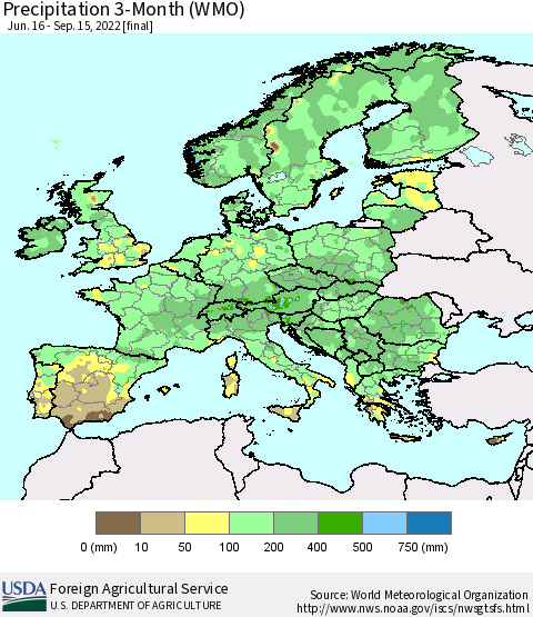 Europe Precipitation 3-Month (WMO) Thematic Map For 6/16/2022 - 9/15/2022