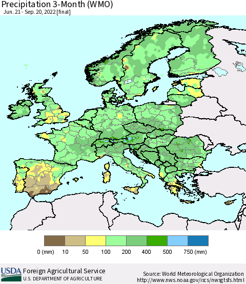 Europe Precipitation 3-Month (WMO) Thematic Map For 6/21/2022 - 9/20/2022
