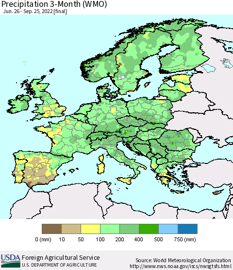 Europe Precipitation 3-Month (WMO) Thematic Map For 6/26/2022 - 9/25/2022