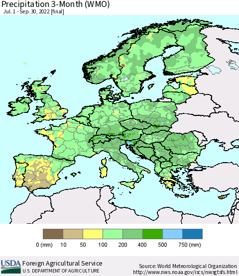 Europe Precipitation 3-Month (WMO) Thematic Map For 7/1/2022 - 9/30/2022