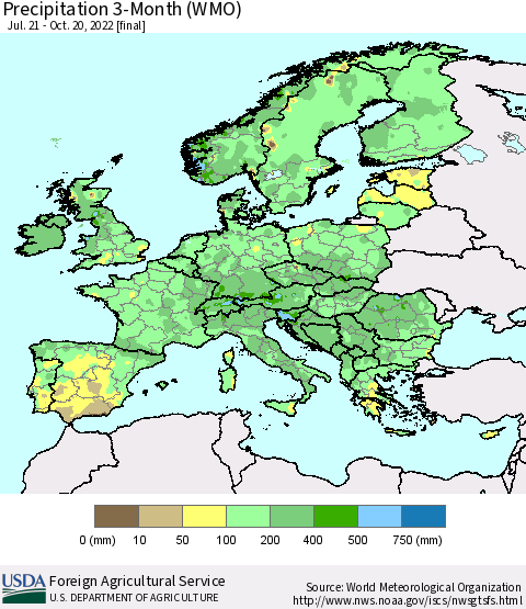 Europe Precipitation 3-Month (WMO) Thematic Map For 7/21/2022 - 10/20/2022