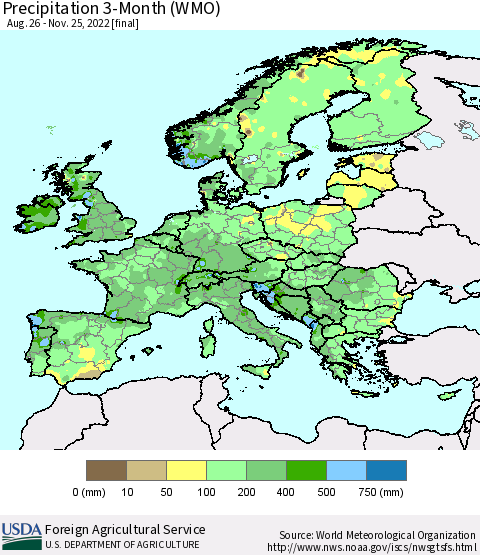 Europe Precipitation 3-Month (WMO) Thematic Map For 8/26/2022 - 11/25/2022