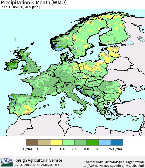 Europe Precipitation 3-Month (WMO) Thematic Map For 9/1/2022 - 11/30/2022
