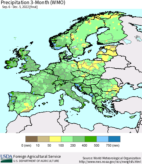 Europe Precipitation 3-Month (WMO) Thematic Map For 9/6/2022 - 12/5/2022