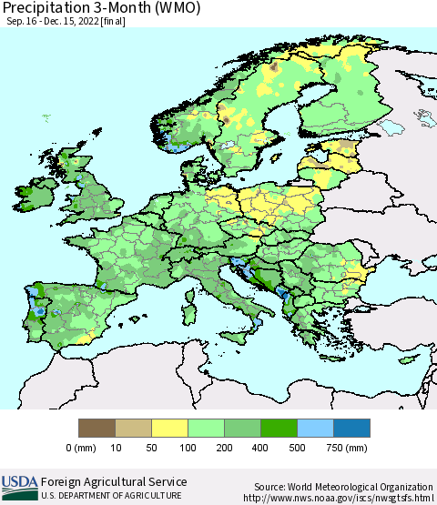 Europe Precipitation 3-Month (WMO) Thematic Map For 9/16/2022 - 12/15/2022