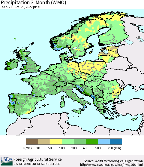 Europe Precipitation 3-Month (WMO) Thematic Map For 9/21/2022 - 12/20/2022