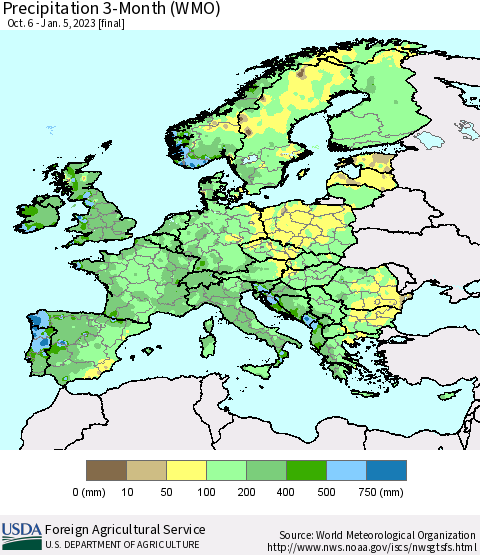 Europe Precipitation 3-Month (WMO) Thematic Map For 10/6/2022 - 1/5/2023