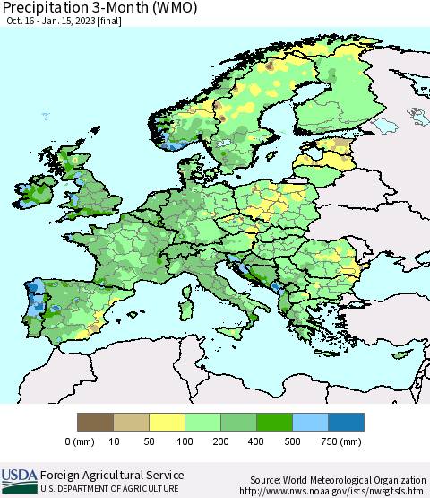 Europe Precipitation 3-Month (WMO) Thematic Map For 10/16/2022 - 1/15/2023