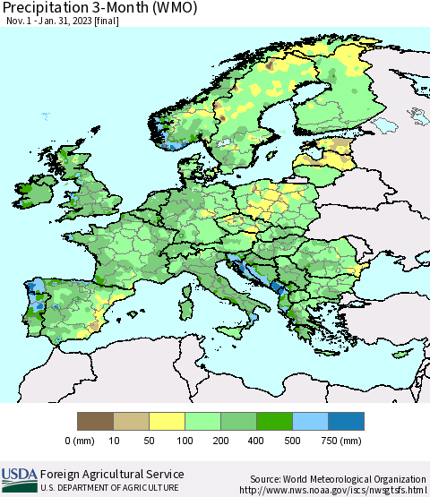Europe Precipitation 3-Month (WMO) Thematic Map For 11/1/2022 - 1/31/2023