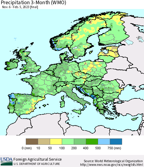 Europe Precipitation 3-Month (WMO) Thematic Map For 11/6/2022 - 2/5/2023