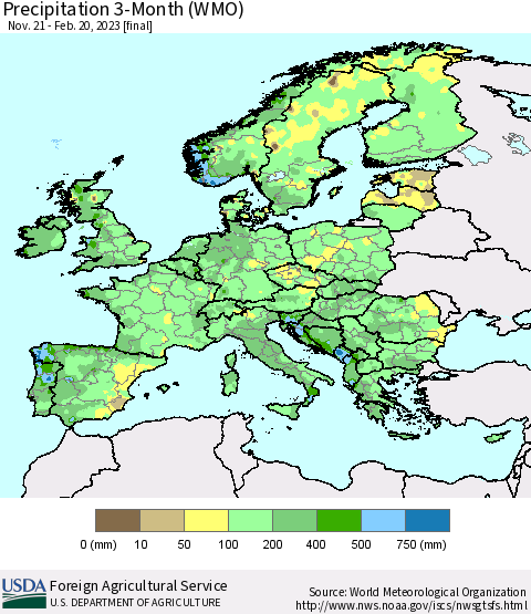 Europe Precipitation 3-Month (WMO) Thematic Map For 11/21/2022 - 2/20/2023