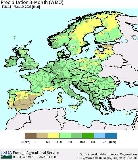 Europe Precipitation 3-Month (WMO) Thematic Map For 2/11/2023 - 5/10/2023