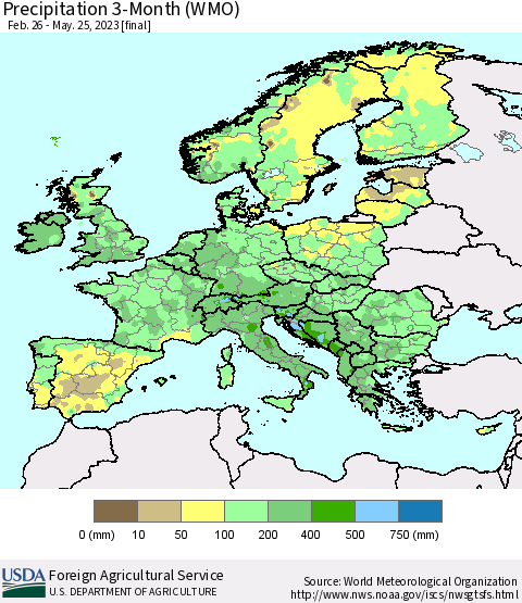 Europe Precipitation 3-Month (WMO) Thematic Map For 2/26/2023 - 5/25/2023