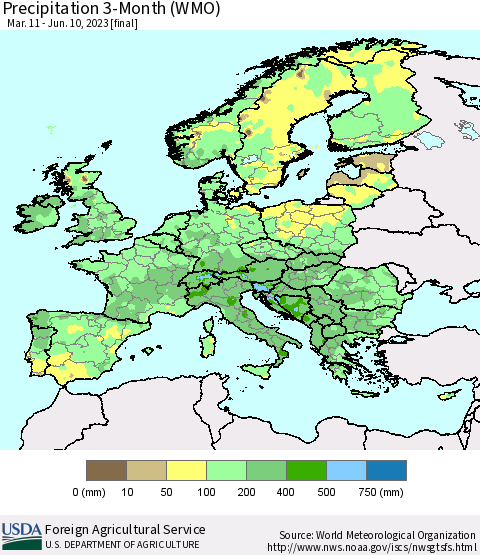 Europe Precipitation 3-Month (WMO) Thematic Map For 3/11/2023 - 6/10/2023