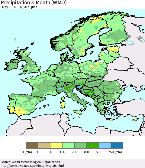 Europe Precipitation 3-Month (WMO) Thematic Map For 5/1/2023 - 7/31/2023