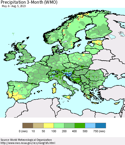Europe Precipitation 3-Month (WMO) Thematic Map For 5/6/2023 - 8/5/2023