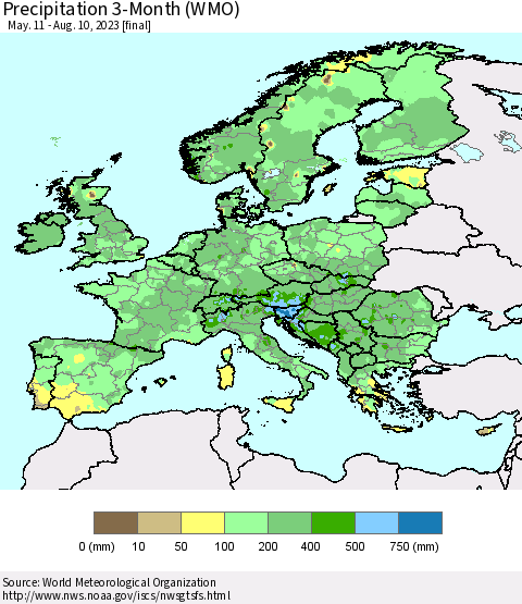 Europe Precipitation 3-Month (WMO) Thematic Map For 5/11/2023 - 8/10/2023