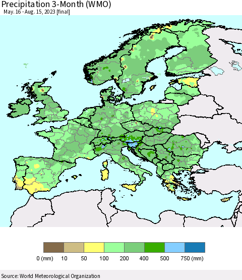 Europe Precipitation 3-Month (WMO) Thematic Map For 5/16/2023 - 8/15/2023