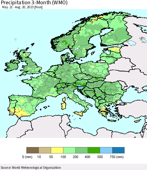 Europe Precipitation 3-Month (WMO) Thematic Map For 5/21/2023 - 8/20/2023