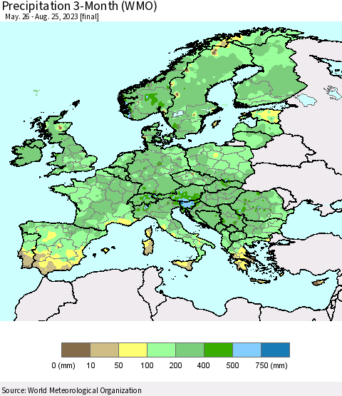 Europe Precipitation 3-Month (WMO) Thematic Map For 5/26/2023 - 8/25/2023