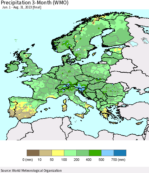 Europe Precipitation 3-Month (WMO) Thematic Map For 6/1/2023 - 8/31/2023