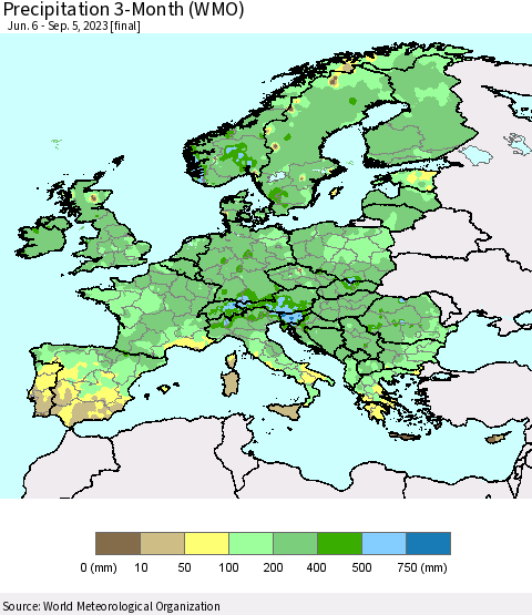 Europe Precipitation 3-Month (WMO) Thematic Map For 6/6/2023 - 9/5/2023