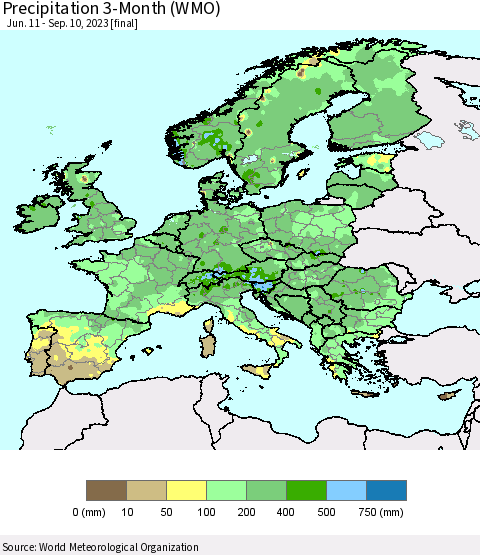 Europe Precipitation 3-Month (WMO) Thematic Map For 6/11/2023 - 9/10/2023
