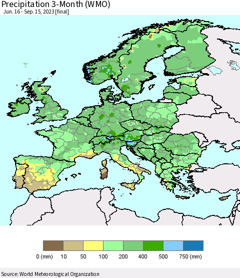 Europe Precipitation 3-Month (WMO) Thematic Map For 6/16/2023 - 9/15/2023