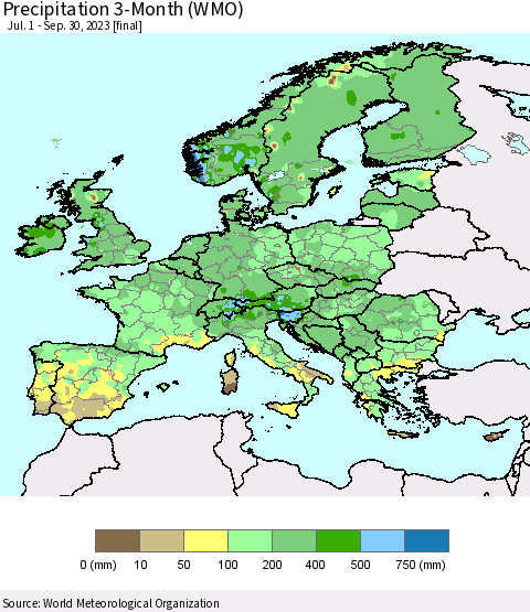 Europe Precipitation 3-Month (WMO) Thematic Map For 7/1/2023 - 9/30/2023