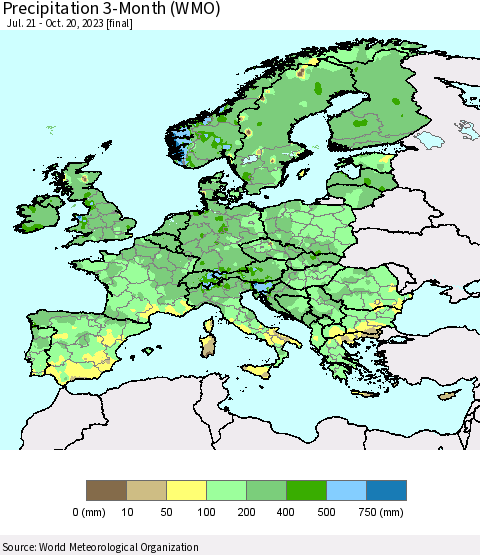 Europe Precipitation 3-Month (WMO) Thematic Map For 7/21/2023 - 10/20/2023