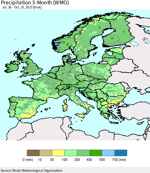 Europe Precipitation 3-Month (WMO) Thematic Map For 7/26/2023 - 10/25/2023