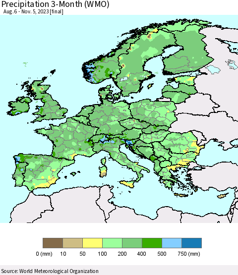 Europe Precipitation 3-Month (WMO) Thematic Map For 8/6/2023 - 11/5/2023