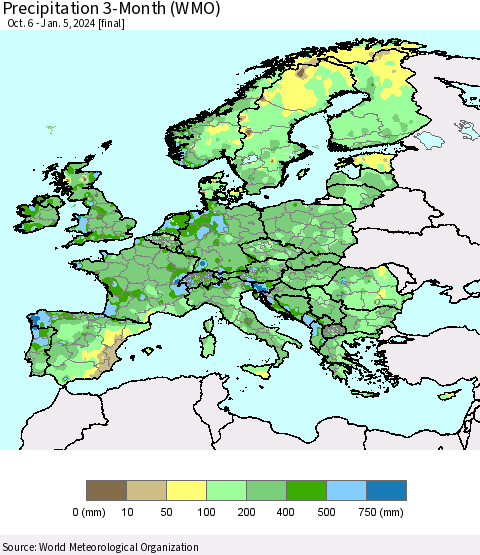 Europe Precipitation 3-Month (WMO) Thematic Map For 10/6/2023 - 1/5/2024