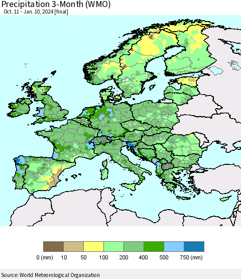 Europe Precipitation 3-Month (WMO) Thematic Map For 10/11/2023 - 1/10/2024