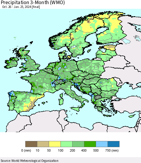Europe Precipitation 3-Month (WMO) Thematic Map For 10/26/2023 - 1/25/2024