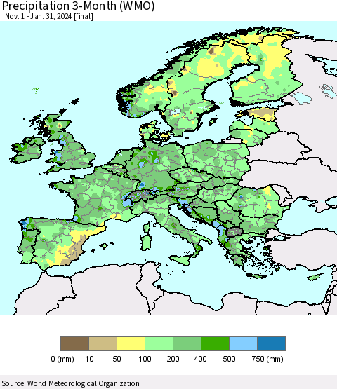 Europe Precipitation 3-Month (WMO) Thematic Map For 11/1/2023 - 1/31/2024