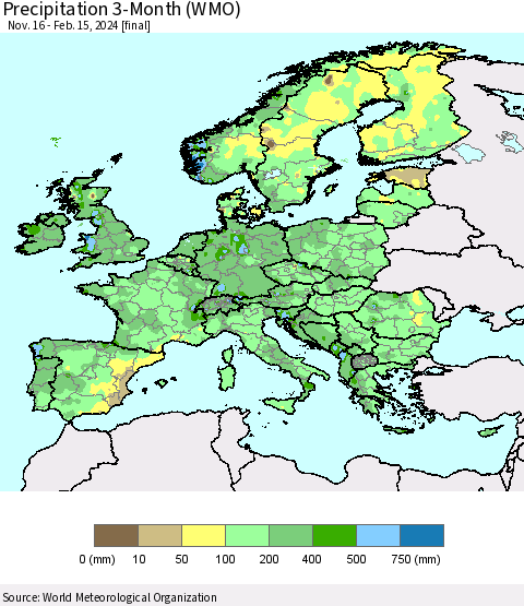 Europe Precipitation 3-Month (WMO) Thematic Map For 11/16/2023 - 2/15/2024