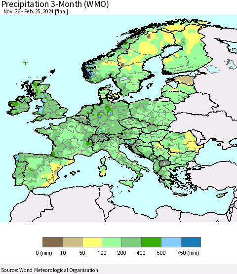 Europe Precipitation 3-Month (WMO) Thematic Map For 11/26/2023 - 2/25/2024