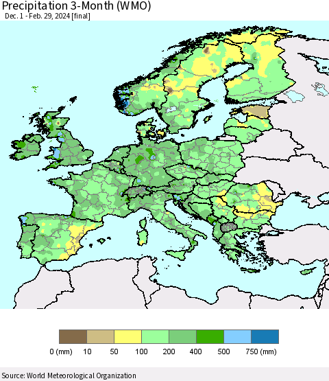 Europe Precipitation 3-Month (WMO) Thematic Map For 12/1/2023 - 2/29/2024