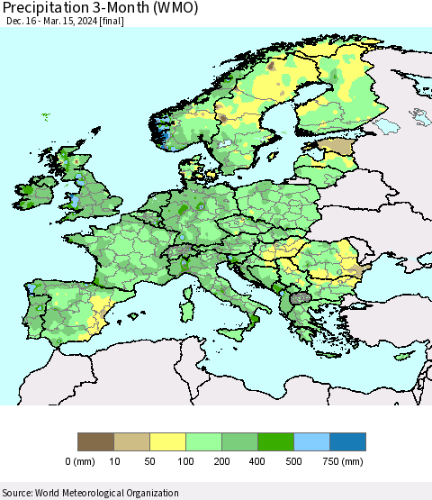 Europe Precipitation 3-Month (WMO) Thematic Map For 12/16/2023 - 3/15/2024