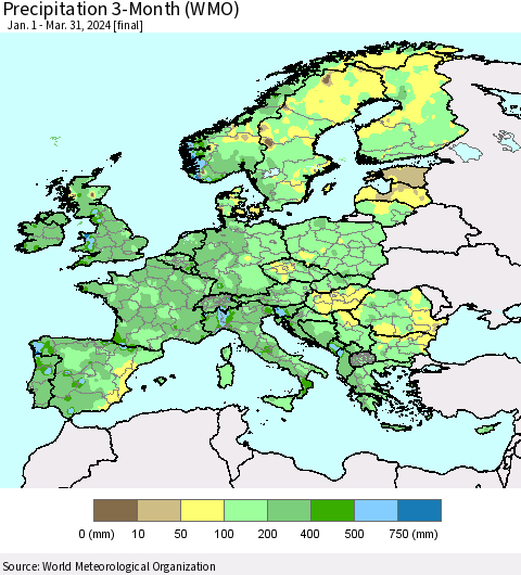 Europe Precipitation 3-Month (WMO) Thematic Map For 1/1/2024 - 3/31/2024