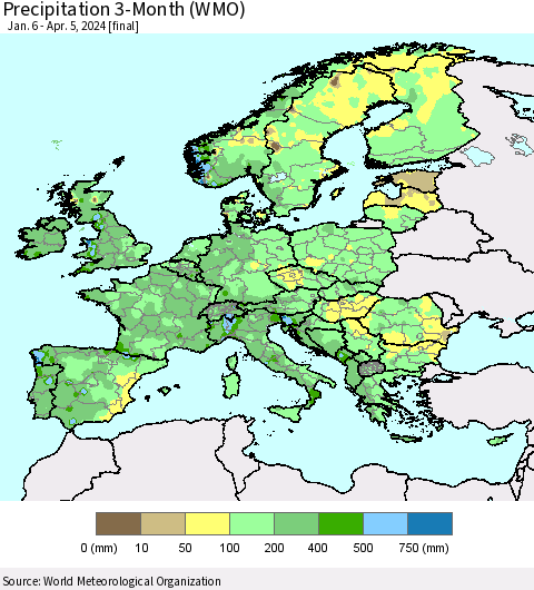 Europe Precipitation 3-Month (WMO) Thematic Map For 1/6/2024 - 4/5/2024