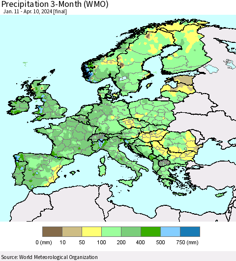 Europe Precipitation 3-Month (WMO) Thematic Map For 1/11/2024 - 4/10/2024