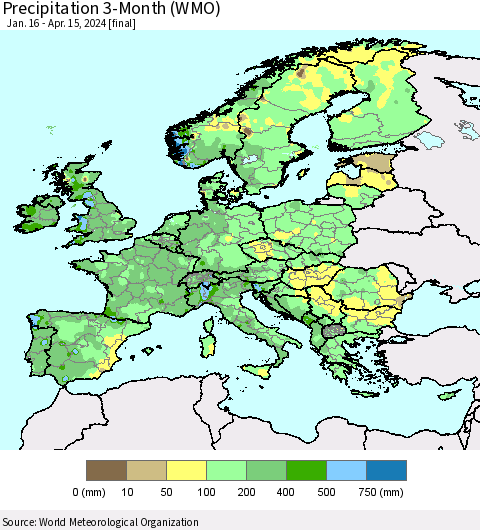Europe Precipitation 3-Month (WMO) Thematic Map For 1/16/2024 - 4/15/2024