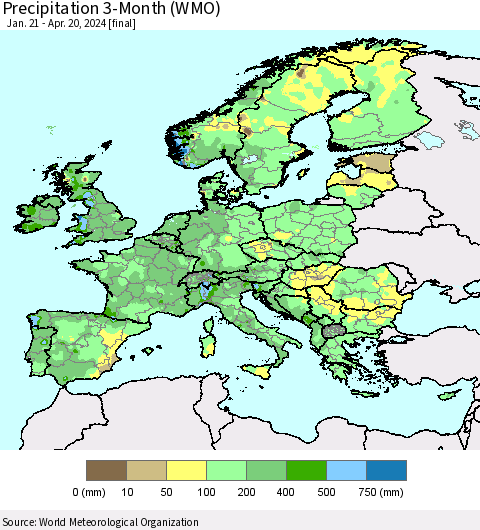 Europe Precipitation 3-Month (WMO) Thematic Map For 1/21/2024 - 4/20/2024