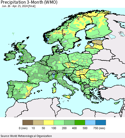 Europe Precipitation 3-Month (WMO) Thematic Map For 1/26/2024 - 4/25/2024