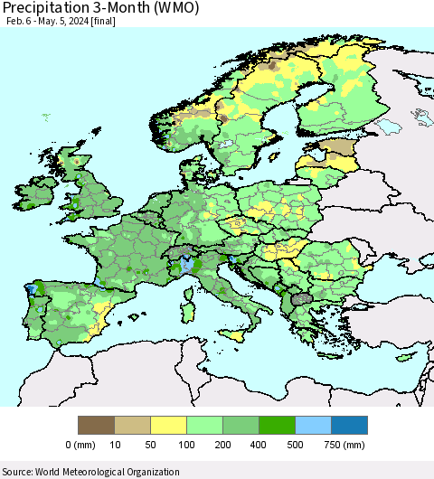Europe Precipitation 3-Month (WMO) Thematic Map For 2/6/2024 - 5/5/2024